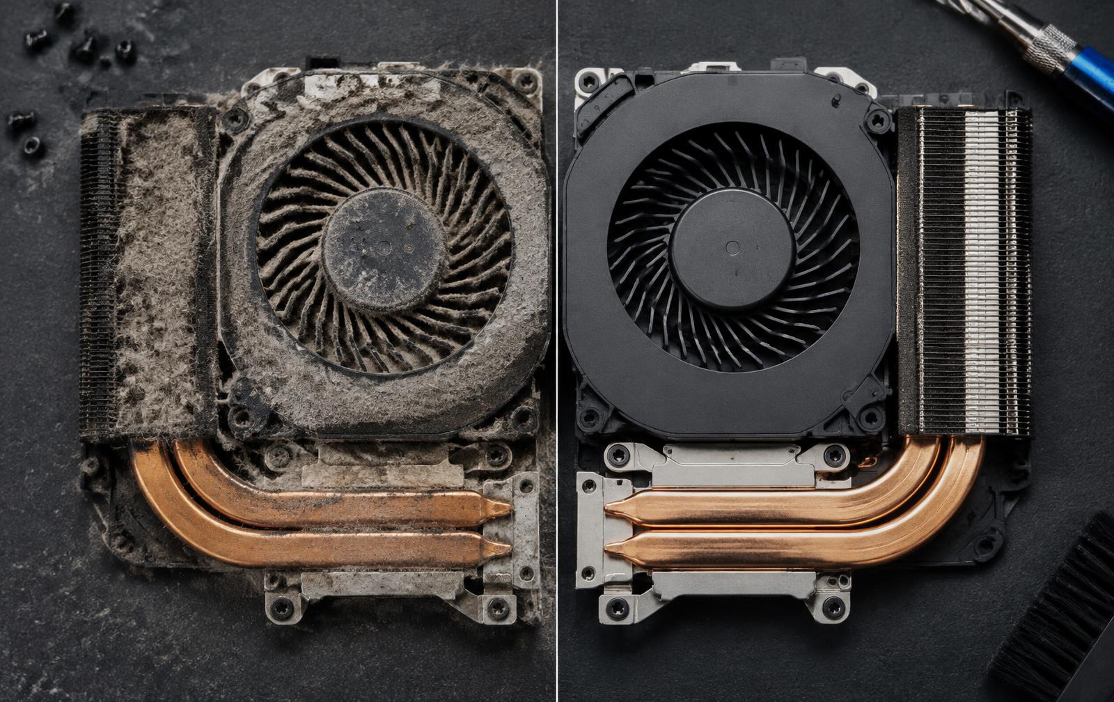 Illustrative comparison of a dusty and cleaned laptop cooling fan