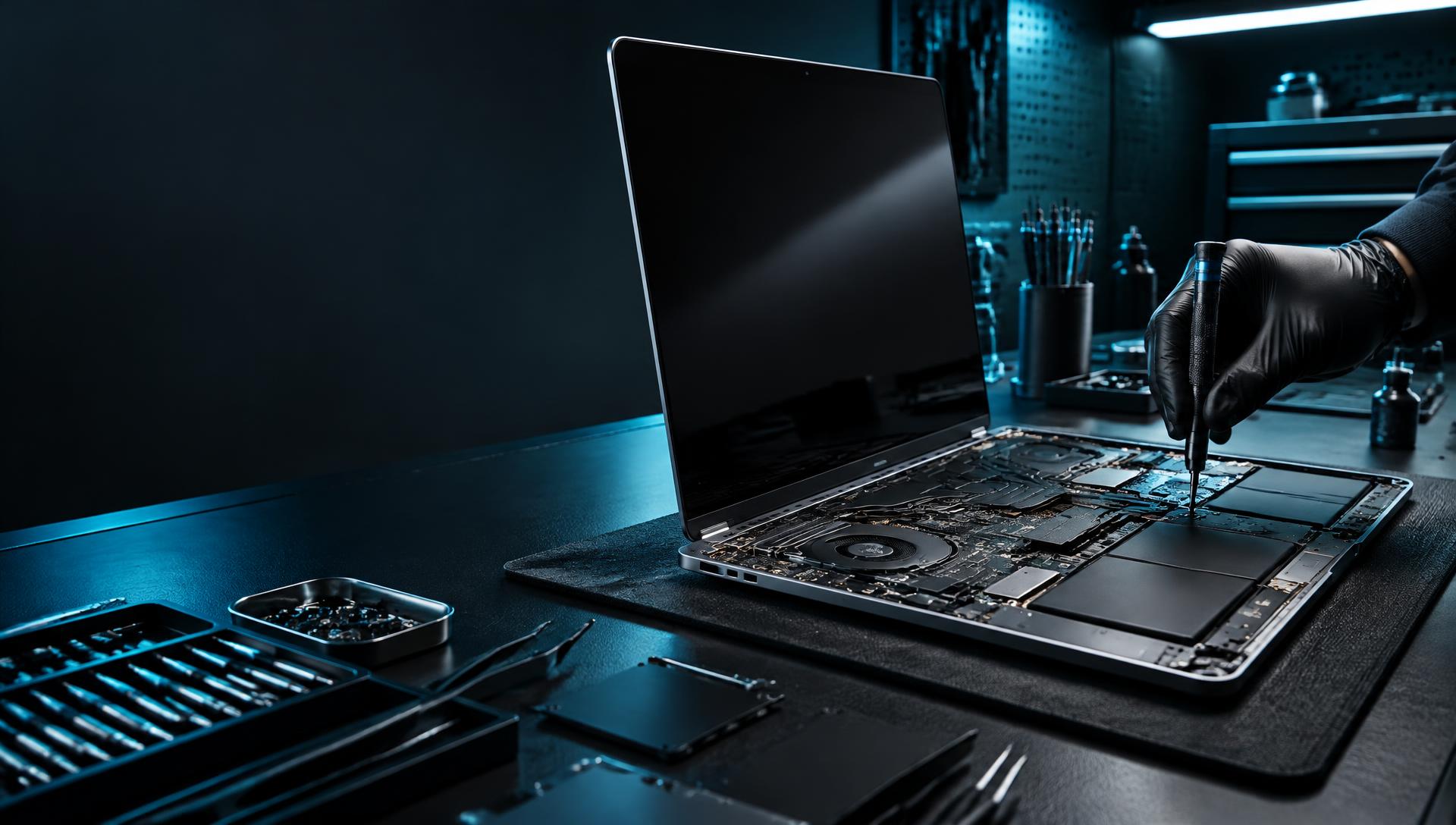Open laptop undergoing precision repair on a professional workbench